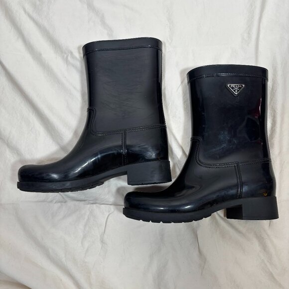 Prada Women's Black Sport Rubber Mid Calf Rain Boots Pull On Shoes Size 39 - Picture 1 of 7